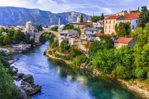 Mostar iconic old town with famous bridge in Bosnia and Herzegovina