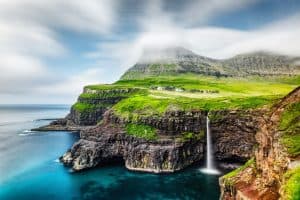 Mulafossur waterfall in Gasadalur Vagar Island of the Faroe Islands