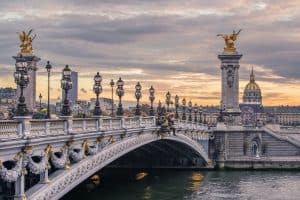 Pont Alexandre III at sunset over the river Seine paris france