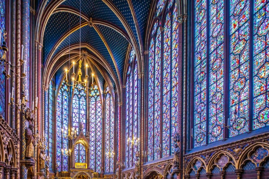 Vaulted ceiling and stained glass windows of Sainte Chapelle Paris