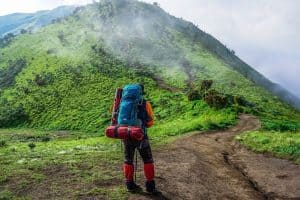 man backpacking through lush green hills sp