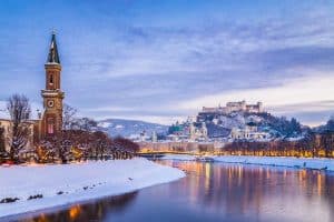 Classic view of Salzburg at Christmas time in winter Austria