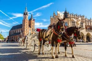 Horse carriages at main square in Krakow