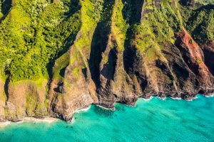 Na pali coast in Kauai Hawaii Aerial view from helicopter of coastline