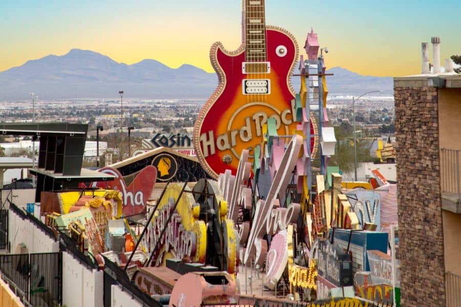 Old hard rock cafe sign at Gibson guitar in the neon museum Las Vegas USA