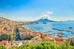 View of the Gulf of Naples from the Posillipo hill with Mount Vesuvius in the background