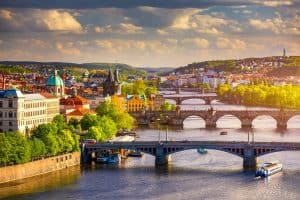 spring cityscape Vltava river and old city center from Letna park Prague Czech Republic