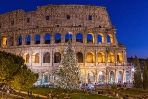 Colosseum in Rome at Christmas during sunset Italy