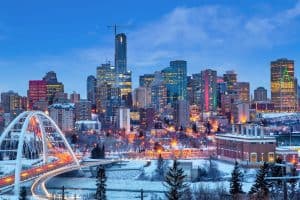 Edmonton downtown Winter skyline just after sunset at the blue hour showing Walterdale Bridge