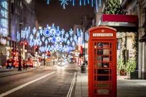 Phone box in London in Christmas time