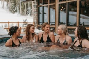 group of girls having a ski trip bachelorette