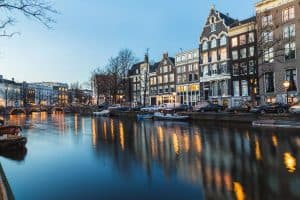 View along the Amsterdam Canals at twilight