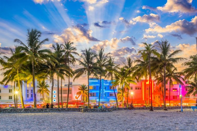 colorful glowing buildings Miami Florida USA