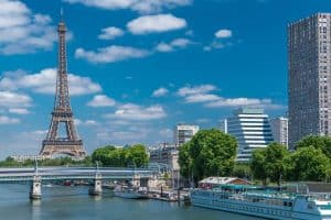 Eiffel tower at the river Seine from Grenelle bridge in Paris France