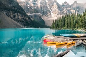 canoes at Moraine lake in Banff national park alberta