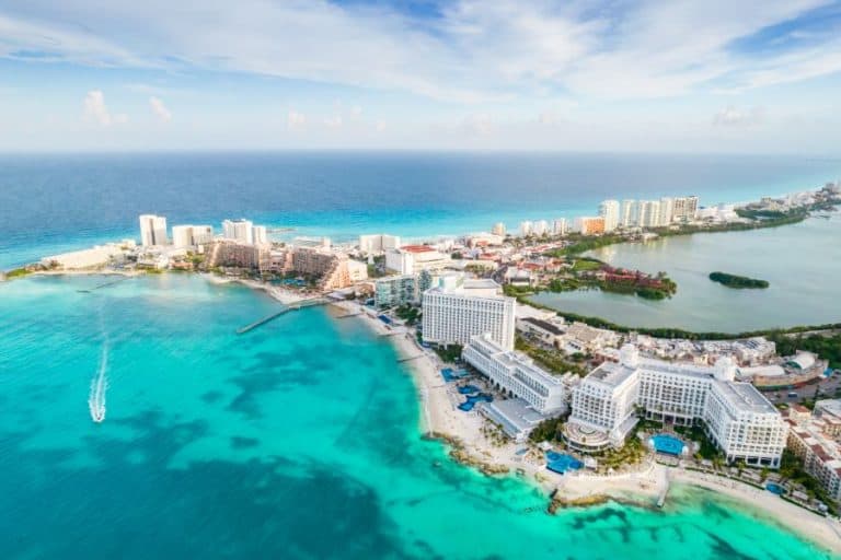 Aerial panoramic view of Cancun beach and city hotel zone