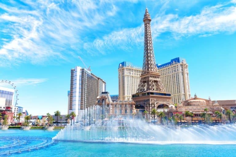 Iconic Paris Hotel and Casino with Eiffel Tower Replica and Dancing Fountains