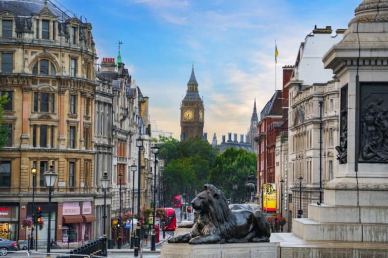 Trafalgar Square with Big Ben tower in background London UK