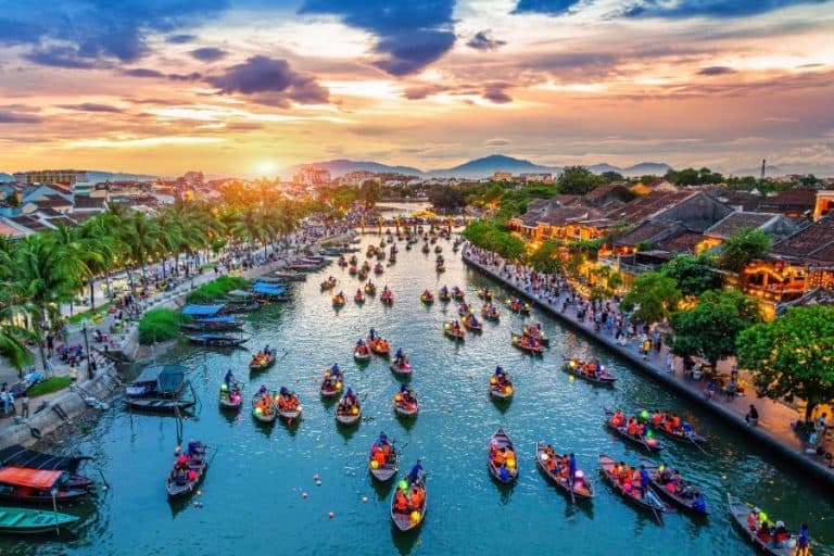 Aerial view of Hoi An ancient town at twilight Vietnam