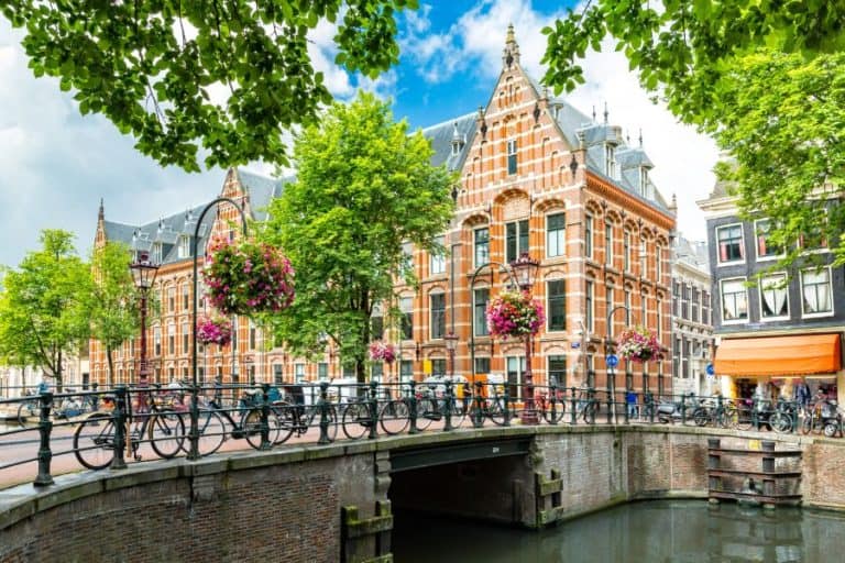canal side cityscape of Amsterdam