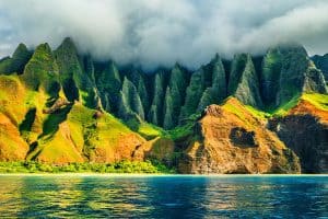 Na Pali coast Kauai Hawaii view from sea sunset cruise tour