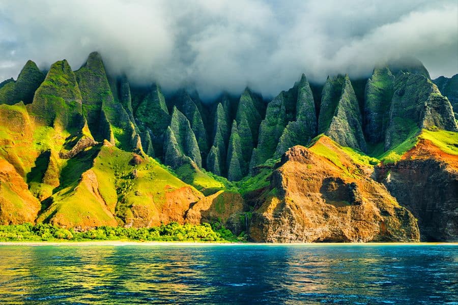 Na Pali coast Kauai Hawaii view from sea sunset cruise tour