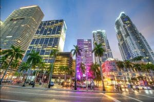 Night lights of Downtown Miami skyline from Bayfront Park