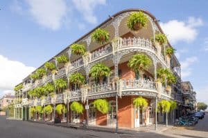 Old french building with typical iron balconies in the french quarter in New Orleans Louisiana USA
