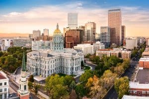 Aerial view of Colorado Capitol and Denver Colorado skyline at sunset
