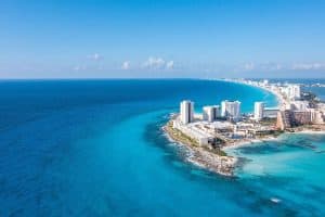 Aerial view of the luxury hotels in Cancun by the Punta Norte beach