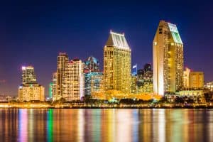 The San Diego skyline at night seen from Centennial Park