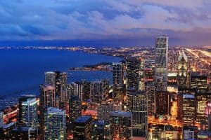 Chicago skyline panorama aerial view at night