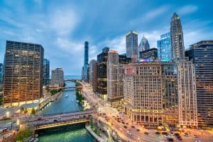 Night view of Chicago skyscrapers from city rooftop