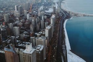 chicago aerial view in winter with snow sp