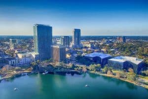 aerial view of Orlando skyline over Lake Eola Florida