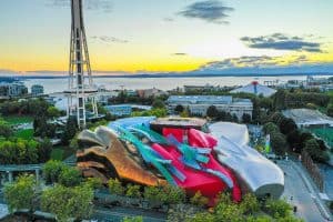 Aerial drone image of the Museum of Pop Culture Seattle Washington