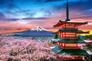 Cherry blossoms in spring Chureito pagoda and Fuji mountain at sunset in Japan