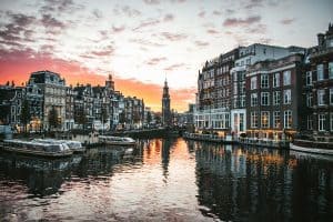 Sunset over Muntplein in Amsterdam sp